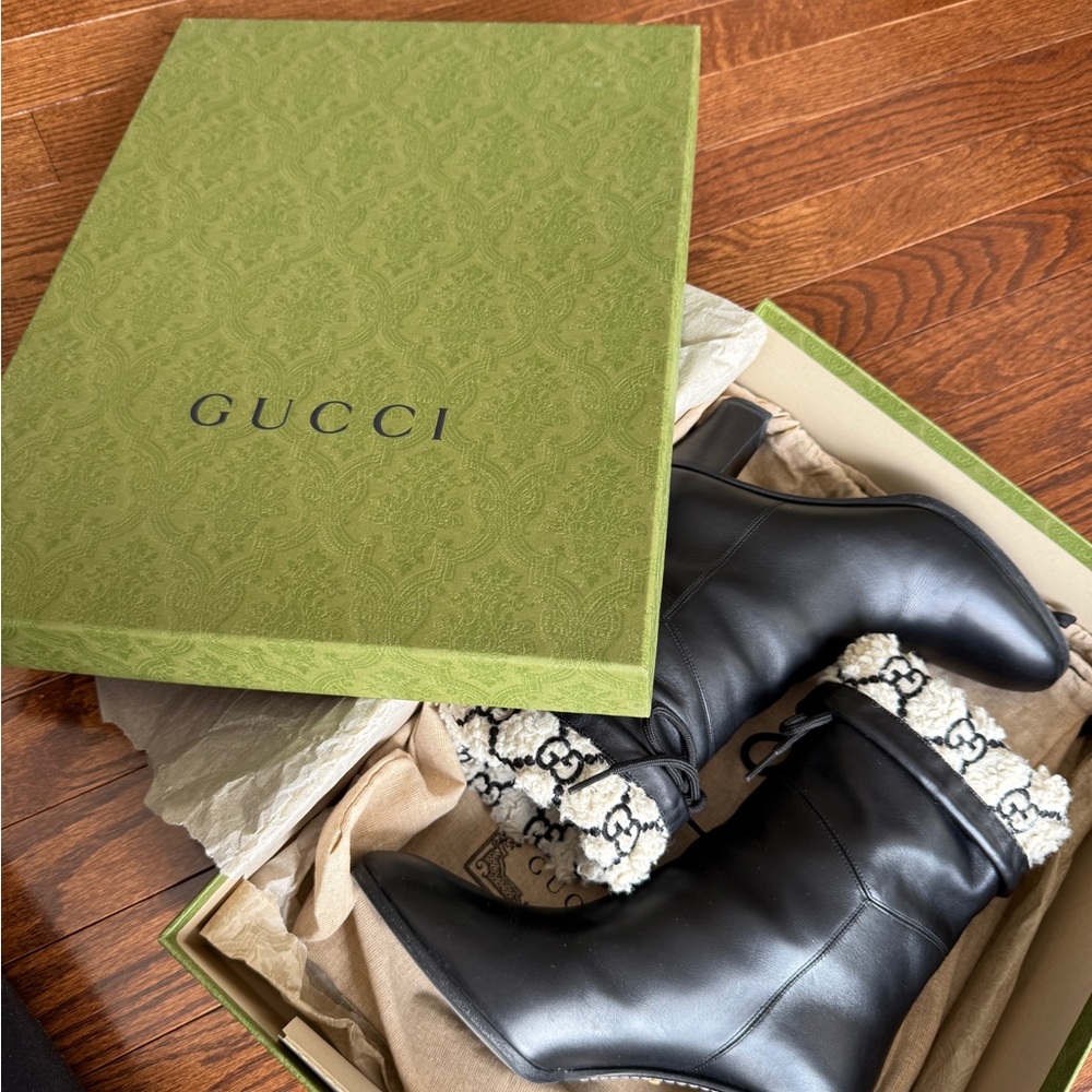 Authentic Gucci Black Leather Boots with Cream Monogram Cuff